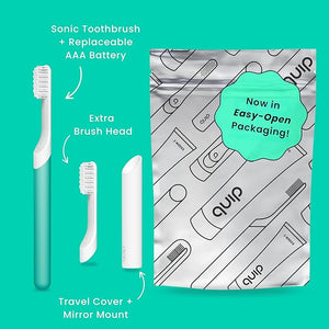 Quip Sonic Toothbrush for Adults with Timer - Includes Extra Brush Head and Travel Cover Mount - Electric Soft Bristle Refill Head Plastic Handle 3 Month Battery Life - Travel Toothbrush - Green