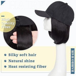 Hairro Hat Wig Hair Extension Baseball Hat with Hair Attached Short Bob Hairstyle Adjustable Synthetic Cap Hair Extensions For Women Chemo Wig 11 170g #2A Natural Black