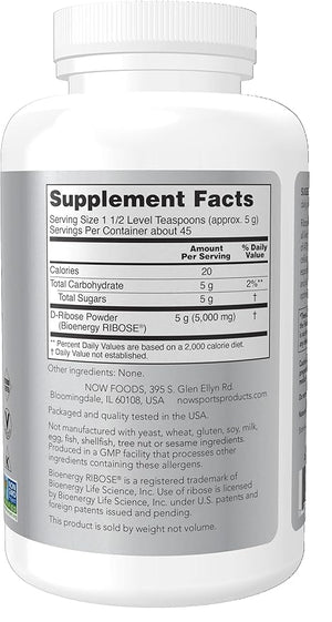 NOW Foods Sports Nutrition D-Ribose Powder 5000 mg Certified Non-GMO Energy Production* 8-Ounce