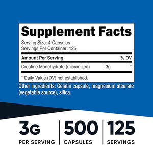 Nutricost Micronized Creatine Monohydrate 3000mg 500 Capsules 125 Servings 750mg of Creatine Monohydrate Per Capsule