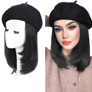Women Beret Hat Wig with Hair Extensions Classic French Wool Beanie Hat Straight Short Wig Bob Synthetic Hairpiece