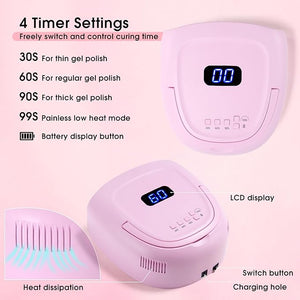 60W Rechargeable LED Nail Lamp, Cordless Gel Lamp with Portable Handle &amp; 42pcs Lamp Beads, Automatic Sensor Nail Dryer, 4 Timers Professional UV Light for Gel Nails