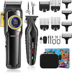 HIENA PRO Professional Hair Clippers Set for Men Cordless Barber Kit Hair Cutting Kit Rechargeable Clippers and Trimmers Set Clipper Set for Barbers with LED Display Gifts for Men (Black)
