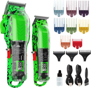 Professional Hair Clippers for Men Cordless Barber kit for Hair Cutting &amp Grooming Green Hair Clippers and Trimmer Set for Barber Haircut with LED Display 8 Fade Taper Combs