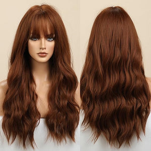BERON Red Brown Wigs Long Wavy Women Wigs with Bangs Auburn Curly Heat Resistant Synthetic Wigs for Daily Wigs Wig Cap Included
