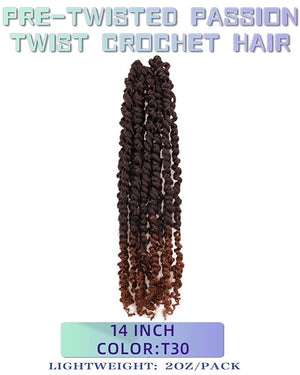 14 Inches 8 Packs Pre Looped Pretwisted Passion Twist Crochet Hair for Black Women-Ombre Brown,Soft Long Hair Extensions Braided by Synthetic Spring Kinky Twist Bohemian Curls(14"-8 Packs,T1B/30)