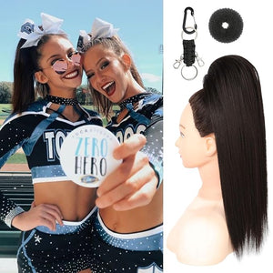 SEIKEA Cheer Ponytail Hair Piece, 16" Black Brown Straight Cheerleader Hairpiece Ponytail Extension for Cheerleader Competition, Dance
