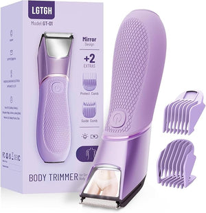 Bikini Trimmer for Women: Pubic Hair Razor with Mirror &amp; LED Light, Electric Shaver with Travel Lock &amp; Ceramic Blades - Body Groomer IPX7 Waterproof Use for Legs/Arm/Underarm