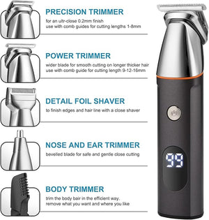 Mens Beard Trimmer 5 in 1 Cordless Hair Trimmer Kit Waterproof Electric Nose Hair Trimmer USB Rechargeable and LED Display Hair Cutting Kit (Silvery)