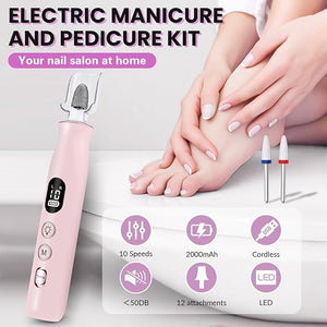 Electric Nail Drill Cordless 2000 mAh Rechargeable Portable Nail File 12 in 1 Kit for Thick Toenails 10 Speeds Nail Dril Machine Professional Manicure Pedicure for Hand Natural Nails Care (Pink)