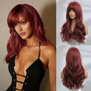 Honygebia Dark Red Wig with Bangs - Burgundy Wigs for Women Wine Red Long Straight Layered Realistic Hair Natural Synthetic Heat Resistant Wigs for Halloween/Christmas/Cosplay/Party