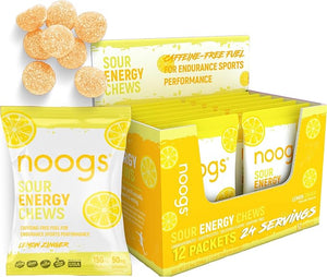 Noogs Sour Energy Chews, Lemon Zinger Electrolyte Energy Gummies, Sour Candy Flavored Alternative to Running Gels, Vegan, Gluten Free &amp; Caffeine Free, 12 Pack