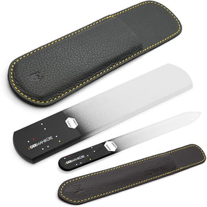 GERMANIKURE Black Glass Nail File &amp Pedicure Bar Set in Leather Sleeves - Ethically Made in Czech Republic - Professional Manicure &amp Pedicure Kit for Fingernail Care Foot Callous &amp Dry Sk
