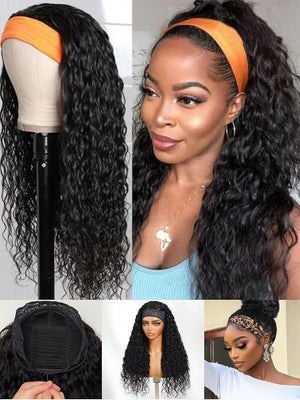Nadula Water Wave Headband Wig Human Hair with Drawstring ? Glueless HookFit Wet and Wavy Half Wig Beginner Friendly Ready to Wear Clip in Half Wigs for Women Natural Black Color 20inch