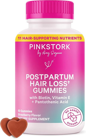 Pink Stork Postpartum Hair Loss Gummies | Biotin Pantothenic Acid Vitamin E B6 B12 | Postnatal Hair Growth + Regrowth Support | Breastfeeding-Friendly | Postpartum Essentials | 60 Gummies
