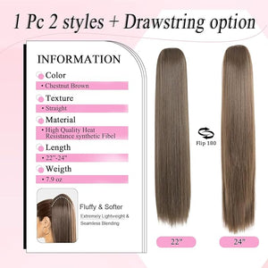 Ponytail Extension 24 Long Straight Claw Clip Ponytail Extension clip on ponytails hair clip Hair claw clip Fake Ponytail Hairpieces for Women ? Chestnut Brown