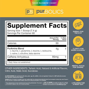 Purbolics Aminos + Energy | Supports Recovery Energy &amp Focus | 95mg of Caffeine 0 Sugar &amp 60 Servings (Sour Rainbow Candy)