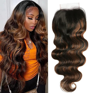 UNICE Ombre Highlight Body Wave 4x4 Lace Closure Free Part Brown Human Hair Wavy Closure with Dark Roots FB30 Color 20 inch