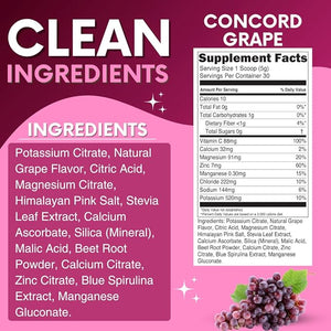 Zero Sugar - Concord Grape Electrolytes Powder - Very Refreshing Hydration - Caffeine Free Energy with All Natural Ingredients - Vegan Keto &amp Paleo - Sugar Free Electrolytes Drink Mix - 30 Servin