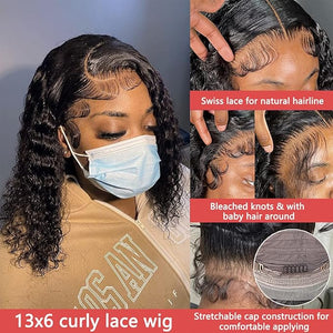 Short Bob Wig Human Hair 13x6 Frontal Lace Wig Curly Bob Wigs for Black Women Glueless Transparent Lace Front Wigs Human Hair Pre Plucked with Baby Hair Natural Hairline (10 Inch)
