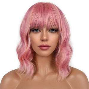 Short Bob Wigs with Bangs for Women Loose Wavy Wig Curly Wavy Shoulder Length Bob Synthetic Cosplay Wig for Girl Colorful Costume Wigs (Lovely Pink)