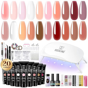 ROSALIND 20PCS White Clear Poly Nails Gel Kit Starter Build er Kit with Slip Solution Pro Nude Pink Nail Extensions Gel Set with Mini UV Lamp Drill Nail Art