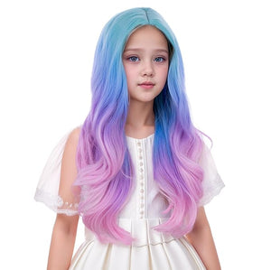 Rainbow Wig for Kids Girls Long Colorful Wavy Curly Wig Children Multi Color Middle Part Wigs Heat Resistant Synthetic Wigs with Cap
