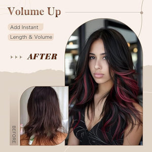Red Highlight Wig Long Black Mixd Burgundy Highlights Layered Wavy Wig with Curtain Bangs for White Black Women Long Ombre Red Wavy Wigs Synthetic Natural Body Wave Butterfly Hair for Women 24INCH