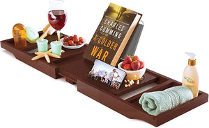 Wooden Bathtub Tray - Foldable &amp; Expandable Bamboo Bath Tray for Tub with Wine Holder, Book &amp; Tablet Stand - Bath Caddy Tray for Bathtub, Spa Bath Accessories, Tub Tray Table, (Brown)