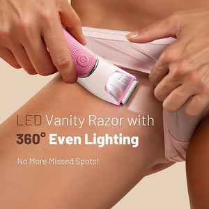 Bikini Trimmer for Women: Pubic Hair Razor with Mirror &amp LED Light Electric Shaver with Ceramic Blades &amp Travel Lock - Body Groomer IPX7 Waterproof Use for Legs/Arm/Underarm - Rose Red