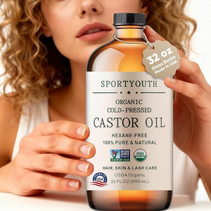 SPORTYOUTH Castor Oil Organic Cold Pressed Hexane Free USDA Certified 100% Pure 32oz Glass Bottle Non-GMO Unrefined Carrier Oil for Hair Growth Castor Oil Pack Skin Moisturiser Face Lash Brow