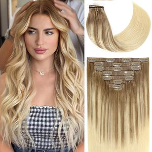 Loxxy Hair Extensions Clip in Human Hair Seamless Clip in Human Hair 14inch Light Brown Fading To Platinum Blonde Balayage Clip In Real Hair Extensions Natural Straight Ultra Thin Weft 110G 7Pcs #8/60