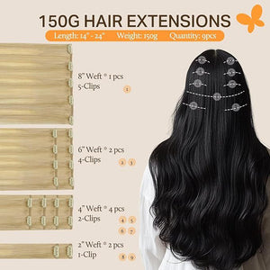DOORES Human Hair Extensions Clip in, Dirty Blonde Mixed Platinum Blonde 150g 9pcs 14 Inch, Remy Straight Thick Hair