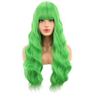BERON Green Long Wigs Curly Wavy Women Wigs with Bangs Light Color Heat Resistant Synthetic Wigs for Cosplay or Daily Wigs Wig Cap Included