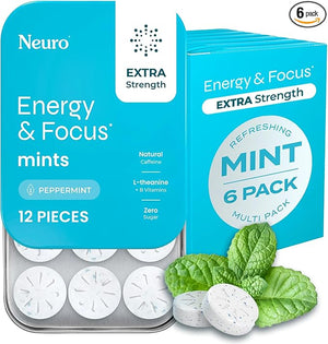 Neuro Energy &amp Focus Mints Extra Strength - Sugar Free Breath Mints with 100mg Natural Caffeine B Vitamins &amp L-Theanine - Vegan Brain Supplement for Exercise Study &amp Daily Focus - Peppe