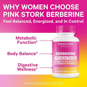 Pink Stork Berberine 500mg - Nature's GLP-1 Supplement - Daily AMPK Metabolic Activator - 500-1000 mg Metabolism + Gut Health for Women | Third-Party Tested | Vegan | Non-GMO| 30 Capsules