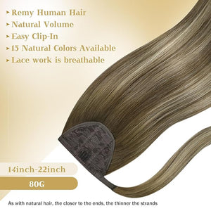 Ve Sunny Ponytail Extension Real Human Hair for Women Clip in Ponytail Hair Extension Straight Hair Pieces Wrap Around Darker Brown Fading To Ash Brown Mix Light Blonde Balayage 22inch 80G