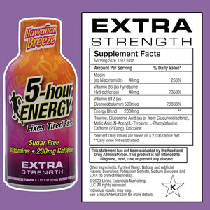 5-hour ENERGY Extra Strength Hawaiian Breeze Energy Shot 1.93oz, 20-Pack ? Sugar Free Caffeine Energy Booster with B-Vitamins &amp; Amino Acids ? Zero Calorie (20 Bottles ? Single Flavor, Hawaiian Bre