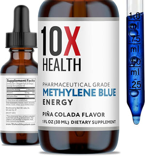 10X Health Methylene Blue Drops with Black Pepper Extract - 30ml Methylene Blue Pharmaceutical Grade Liquid - Promotes Energy Focus &amp Cognitive Support - Pina Colada Flavor Vegan Non-GMO