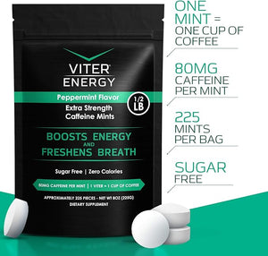 Viter Energy Extra Strength Caffeinated Mints 80mg Caffeine B Vitamins Sugar Free. (Peppermint 8oz Bulk Bag)