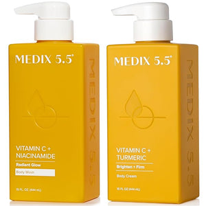 MEDIX Vitamin C Body Wash + Vitamin C Body Lotion &amp Face Moisturizer 2PC Skin Care Set | Anti Aging Lotion + Body Cleanser Skincare Set For Women Men &amp Smoother Looking Skin 2-Pack