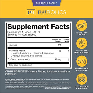 Purbolics Aminos + Energy | Supports Recovery Energy &amp Focus | 95mg of Caffeine 0 Sugar &amp 60 Servings (The Grape Gatsby)
