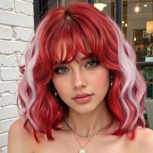 AISI HAIR Red Mix Pink Synthetic Wavy Curly Bob Wig with Bangs Short Wavy Hair for Women Synthetic Heat Resistant Bob Wigs