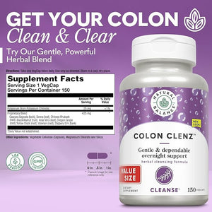 Natural Balance Colon Clenz | Herbal Colon Cleanse &amp Detox Supplement | Gentle &amp Dependable Overnight Formula (150 CT)