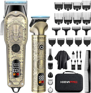 HIENA PRO Hair Clippers for Men Professional Cordless Barber Clipper T-Blade Beard Trimmer Nose &amp Body Hair Trimmer Foil Shaver Grooming Kit Electric Full Men's Hair Cutting Kit with 17 Guide Co