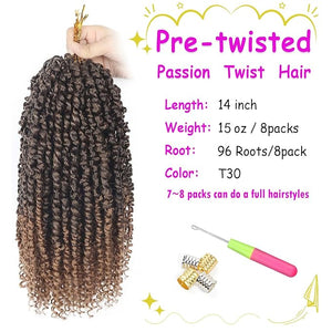 Passion Twist Hair Pre-twisted 14 Inch Passion Twist Crochet Hair 8 Packs Crochet Hair Passion Twists, Passion Twists Hair Pre Looped Synthetic Passion Twist Crochet Braids for Women Girls and Kid T30