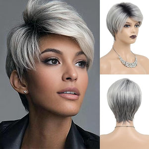 SEVENCOLORS Short Grey Wigs Ombre Gray Pixie Cut Wig with Dark Root Synthetic Natural Hair Short Silver Wigs for Black Women White Women