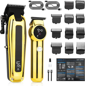 Professional Men's Clippers and Trimmer Set Barber Clippers LED Display Hair Cutting Kit for Family Gold