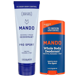 Mando Whole Body Deodorant - Invisible Cream and Solid Formulas - 72 Hour Odor Control - Aluminum &amp; Baking Soda Free - Skin Safe - 3 oz Cream &amp; 2.6 oz Solid Bundle - Pro Sport