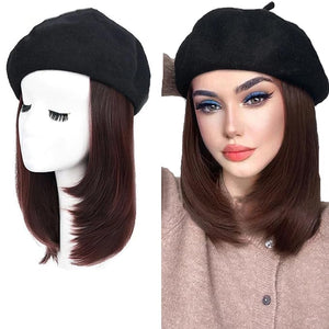 Women Beret Hat Wig with Hair Extensions Classic French Wool Beanie Hat Straight Short Wig Bob Synthetic Hairpiece Deep Brown